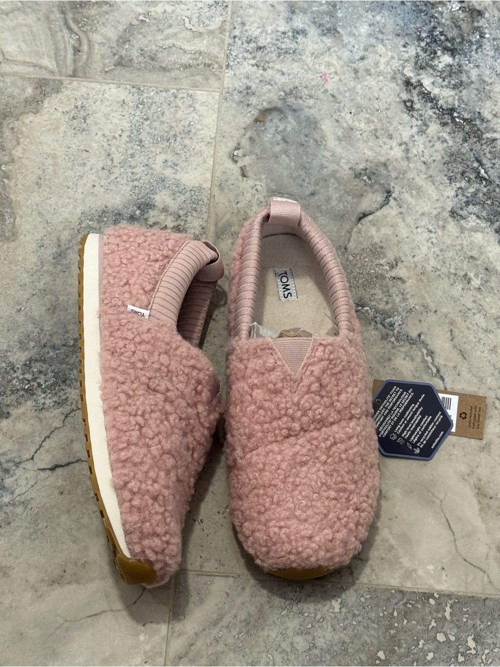 Toms Women's Pale Pink Knit Slip-On Flats with Faux Fur Lining